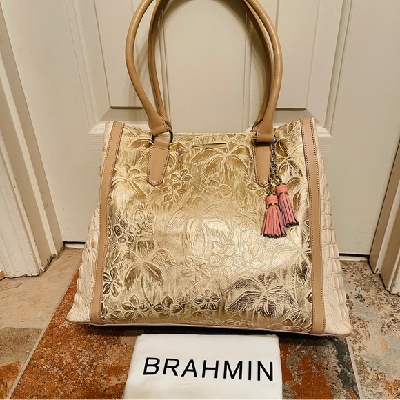 đEXTREMELY RARE! Brahmin Joan Tote Creme Prescott Gold Palms, Leather Handbag - Picture 2 of 16